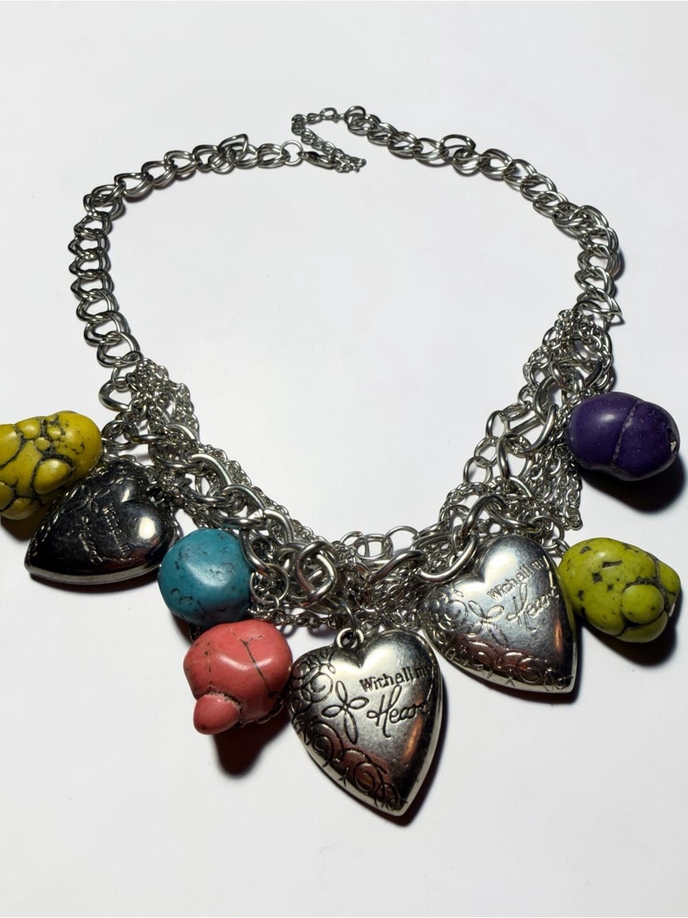 Women Jewelry Silver Charm Necklace with Colorful Stone Beads